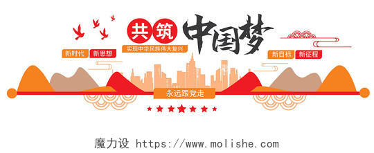 橙红色背景简洁大气共筑中国梦党政党建文化墙设计中国梦文化墙